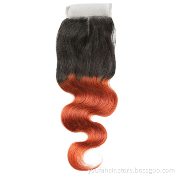 Human Hair Ombre Two Tone Body Wave 4x4 Lace Closure Factory Peruvian Virgin Hair Lace Closure 1B 27 350 99j Swiss Lace Closures